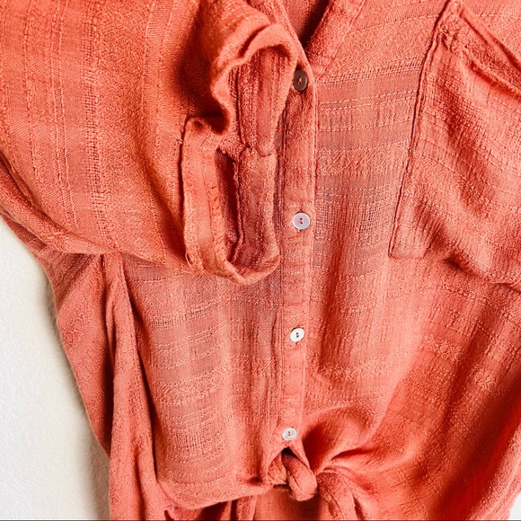 Orange Rust Check Self-Tie Short Sleeve Button Down Blouse - Picture 4 of 8